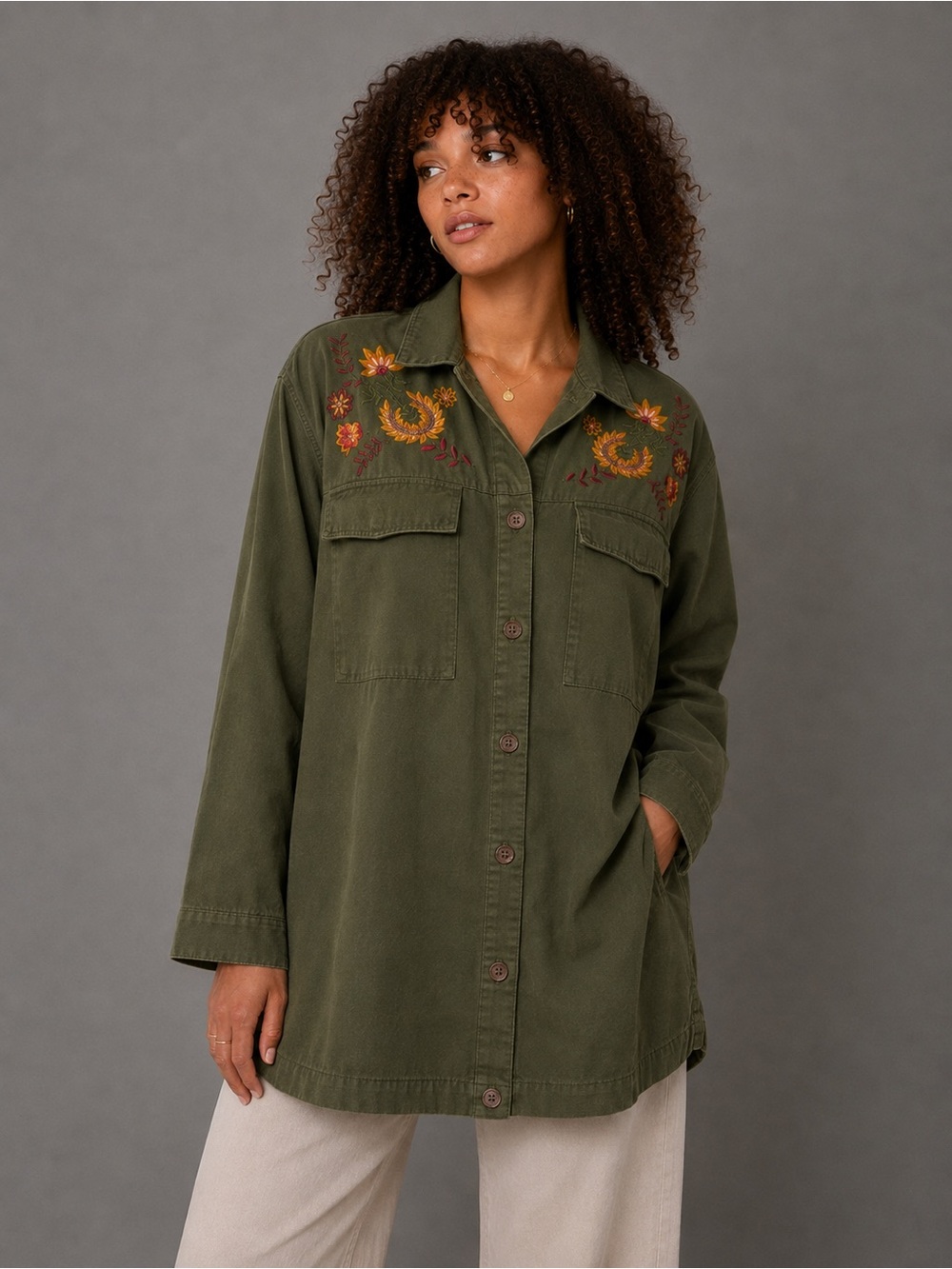 Taylor & Sage Embroidered Utility Jacket S Olive Green Floral Boho Cotton